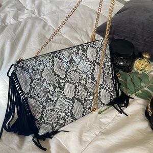 Long Gold Chained Crossbody Faux Snake skin Bag W/ Fringe